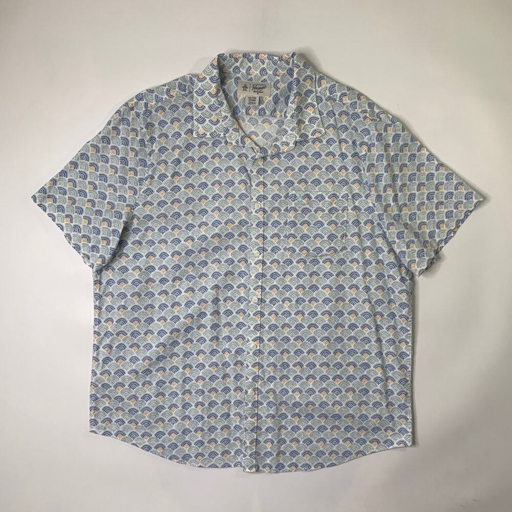 Original Penguin Shirt Mens 2XL Linen Blend Seashell Tile Stretch Short Sleeve - Picture 2 of 10
